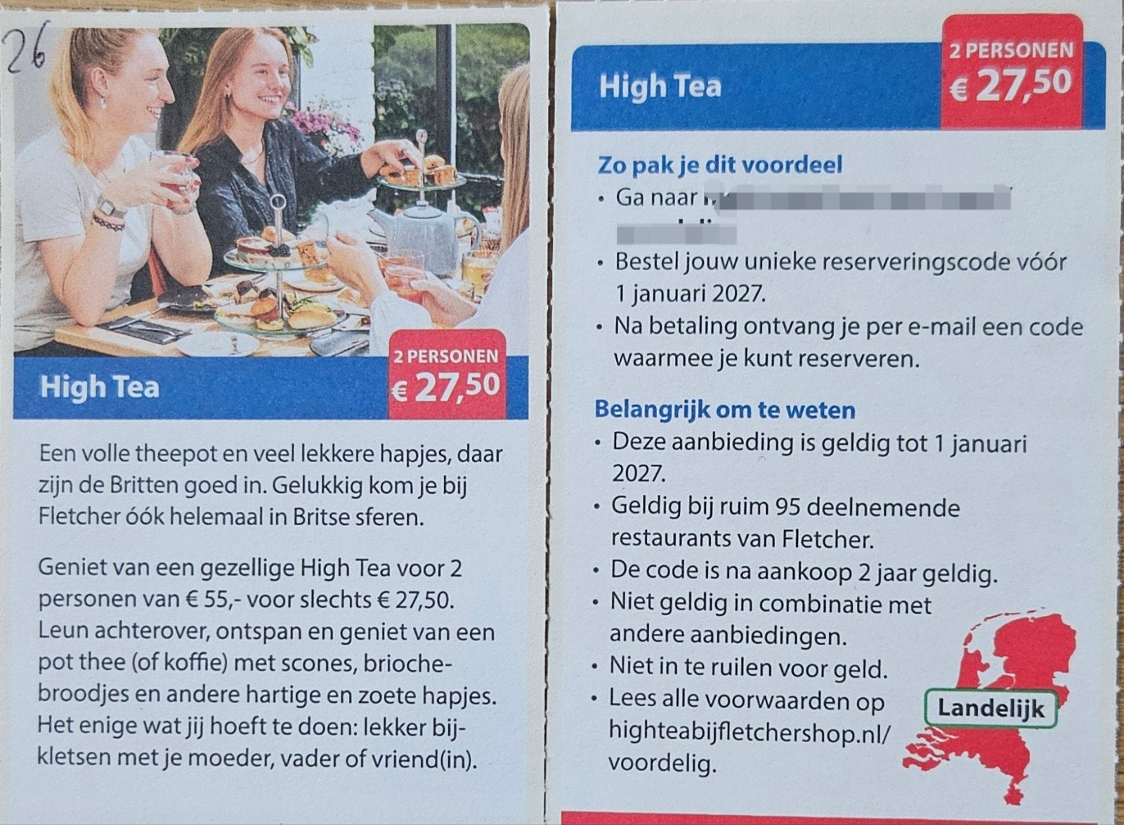 High Tea Fletcher 2 personen. € 27,50., Tickets en Kaartjes, Twee personen, Kortingsbon