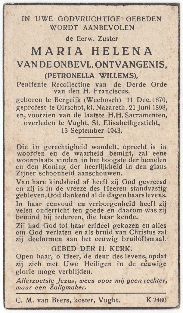 zr. Petronella Willems 1870 Bergeijk + 1943 Vught, 72 jaar, Verzenden
