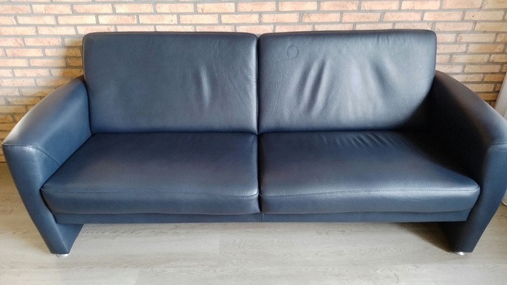 Mooie 2,5-zits blauwe nappasoft lederen Hallum bank!, Ophalen, Minder dan 75 cm, Driepersoons, Leer