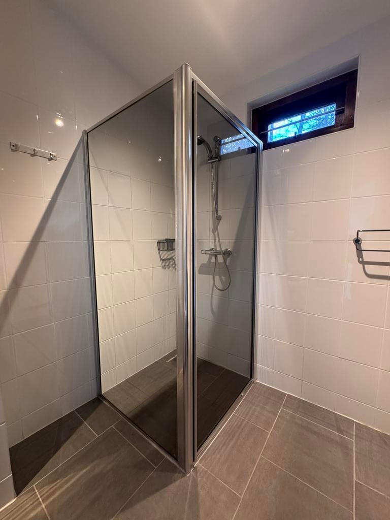 Douchewand hoek met taadsdeur, RVS frame, Ophalen, Zo goed als nieuw