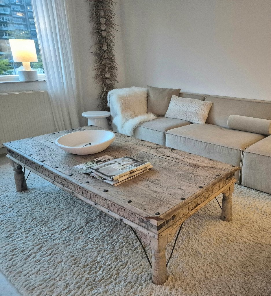 Authentieke oude naturel hout salontafel India Loods 5 Ibiza, Ophalen, 100 tot 150 cm, 50 tot 100 cm, Rechthoekig