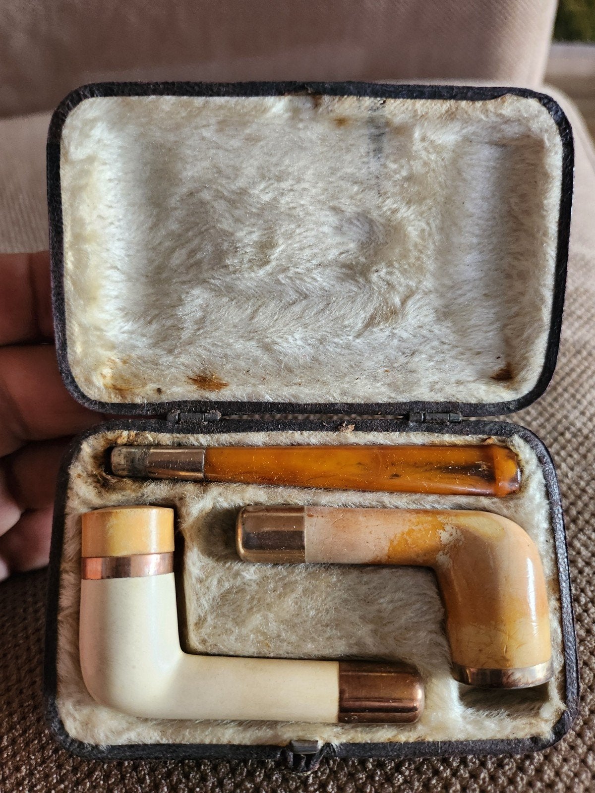 Antieke pijpenset in etui - 800 zilveren details, Ophalen of Verzenden