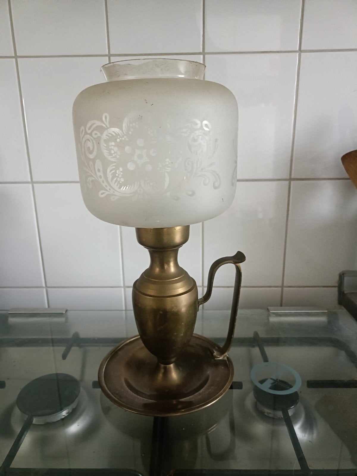 Antieke koperen kandelaar met handvat, Antiek en Kunst, Ophalen of Verzenden, Koper of Brons