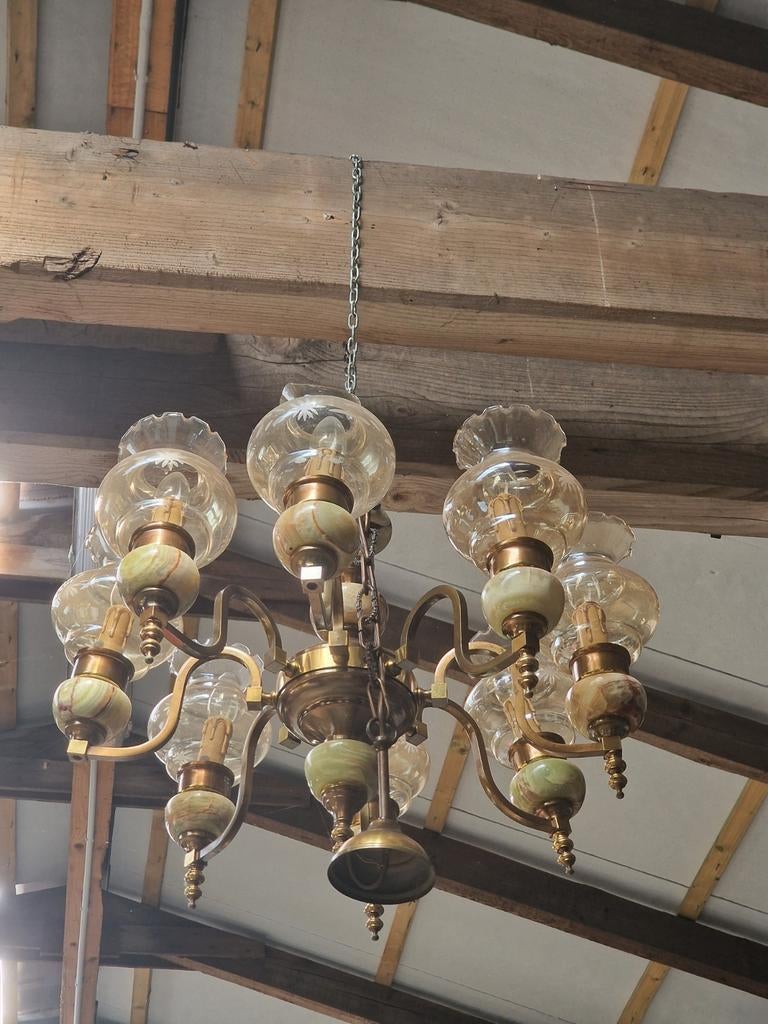 Vintage 8armige kroonluchter messing & onyx marmer, Huis en Inrichting, Lampen | Kroonluchters, Ophalen