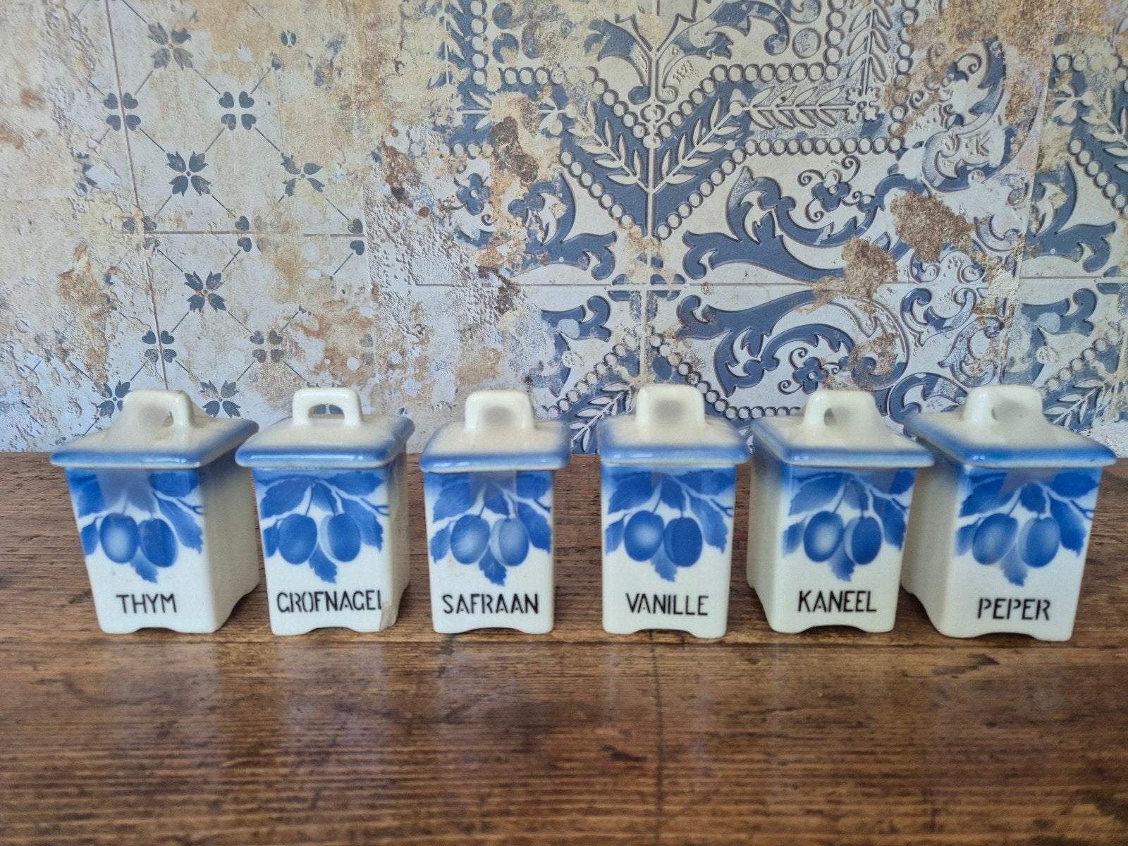 6 Blauw wit kruidenpotjes uit Tsjechoslowakije Ditmar Urbach, Antiek en Kunst, Ophalen of Verzenden