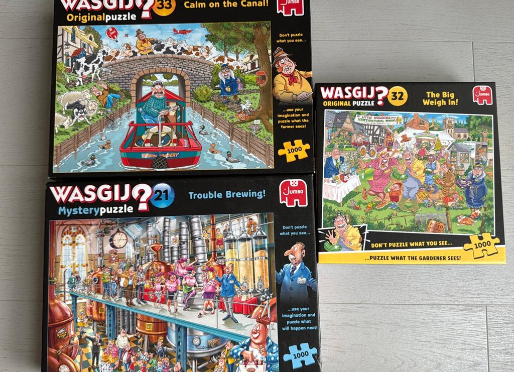 3 puzzels Wasgij 1000 stukjes, Ophalen of Verzenden, 500 t/m 1500 stukjes, Zo goed als nieuw