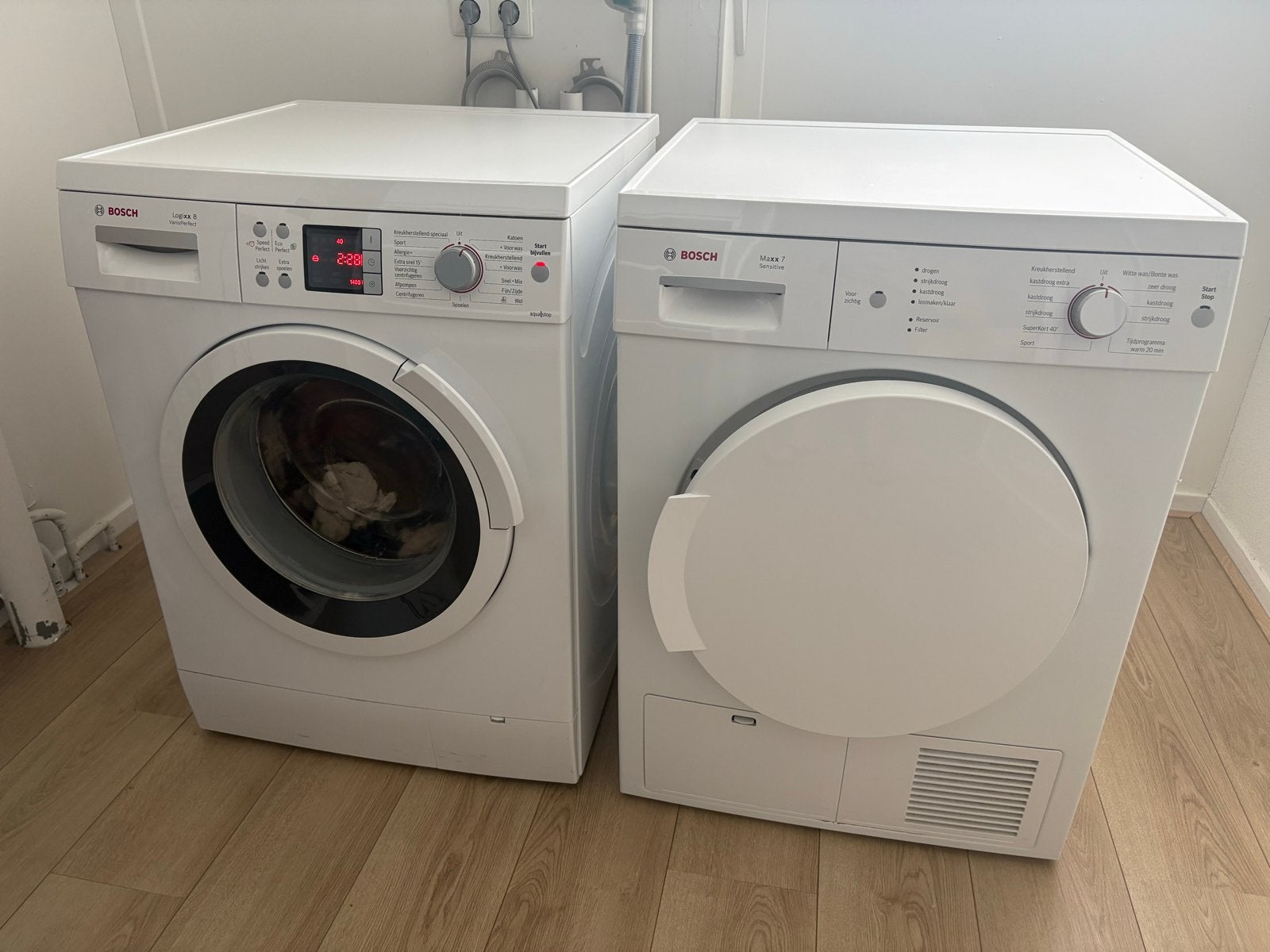 Bosch wasmachine en droger set Logixx 8 & Maxx 7, 6 tot 8 kg, Ophalen of Verzenden, Gebruikt, 85 tot 90 cm