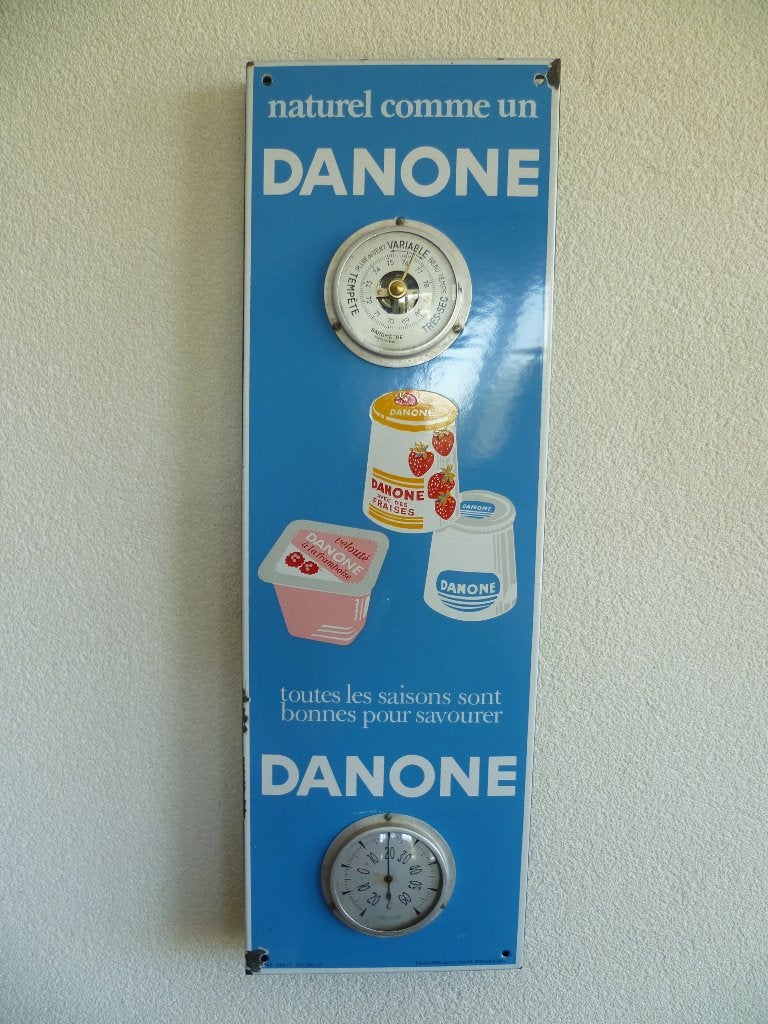 EMAILLE RECLAMEBORD THERMOMETER"DANONE TOETJES"UIT 1967, Verzamelen, Ophalen of Verzenden, Gebruikt, Reclamebord