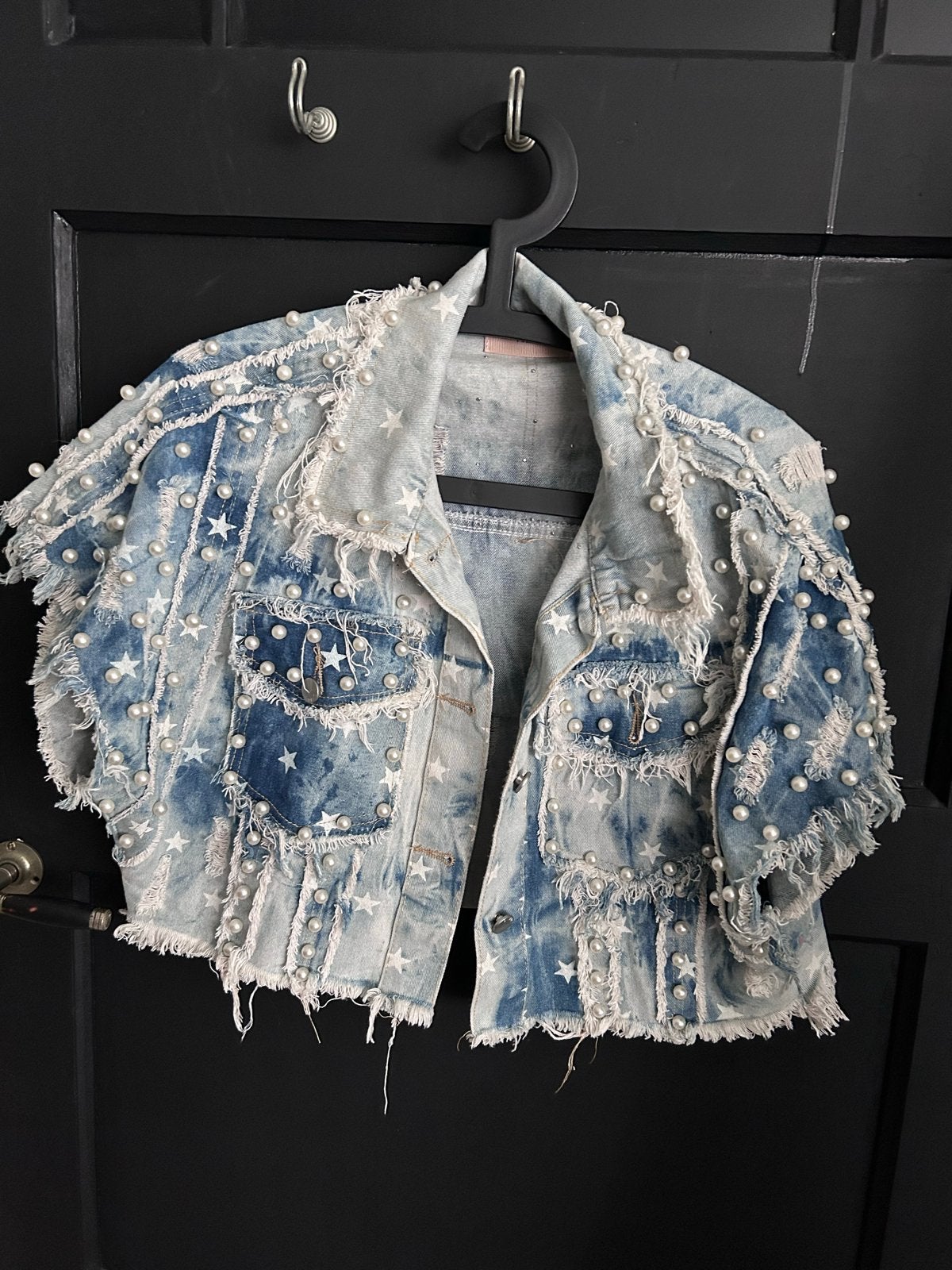 Azara Paris spijkerjasje met parels en sterren, Ophalen, Zo goed als nieuw, Maat 38/40 (M), Blauw