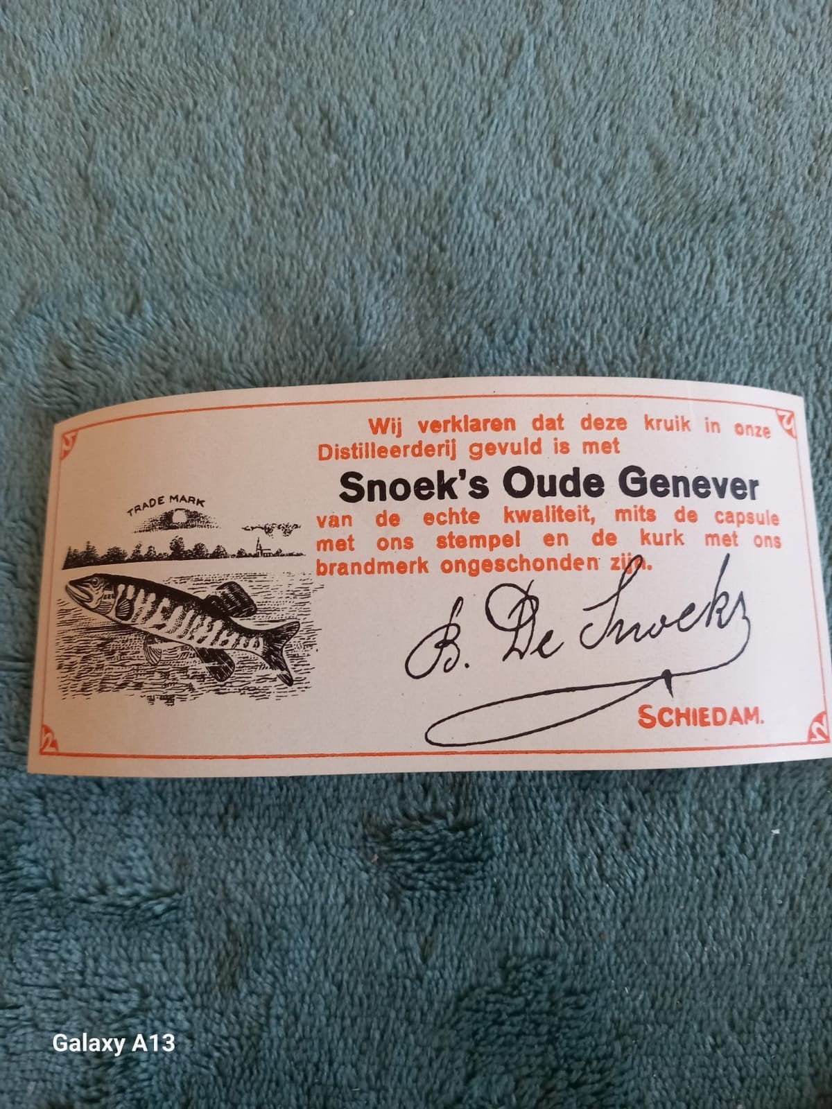 Oud Jenever Etiket ca 1920  Snoek's Oude Genever Schiedam, Ophalen of Verzenden, Nieuw, Overige typen