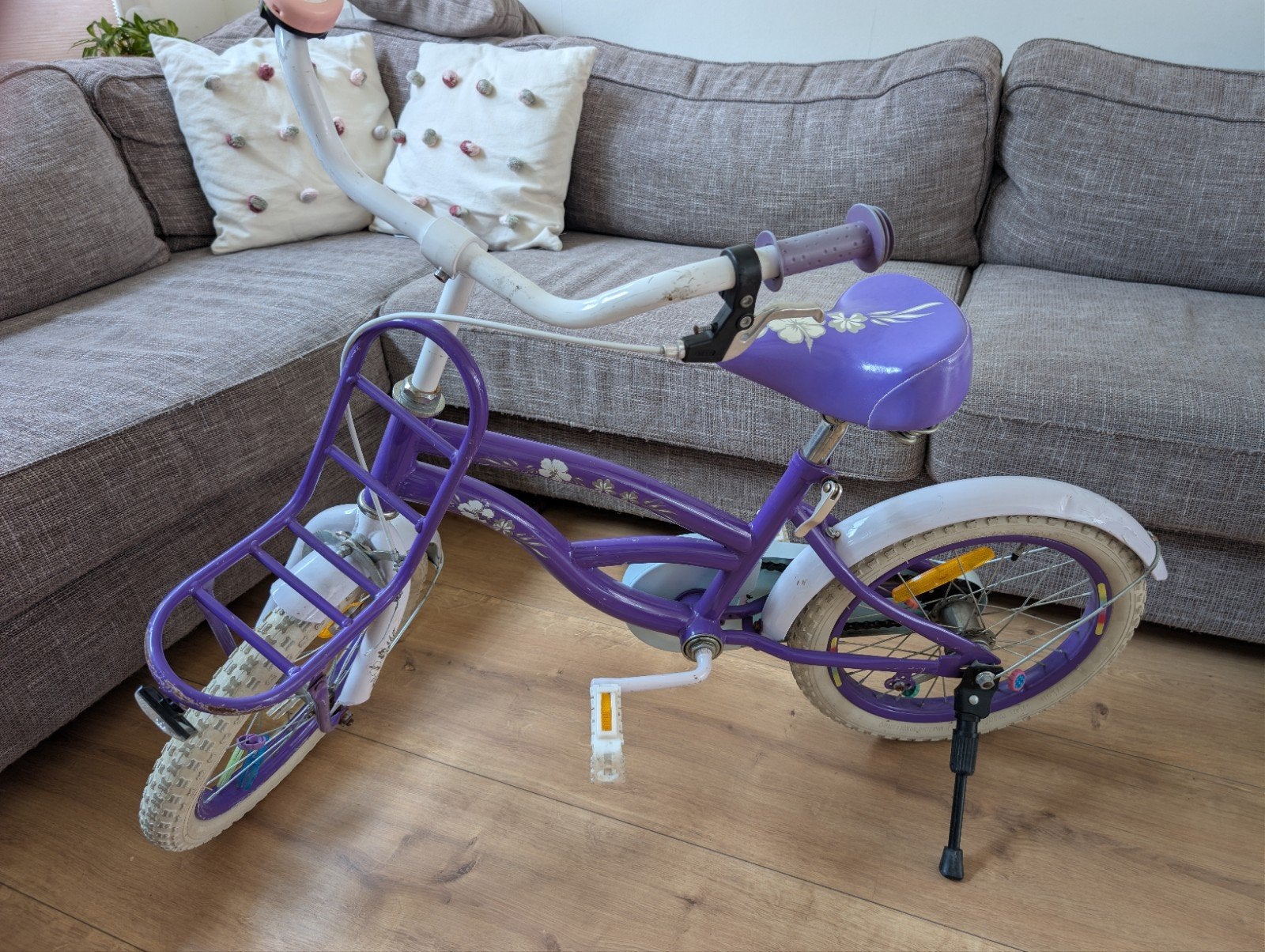 Paarse kinderfiets 16 inch met voordrager, Ophalen, Gebruikt, Terugtraprem, 16 tot 20 inch