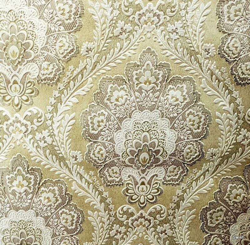 13140 klassiek barok reliëf behang met bladmotief swiet, Huis en Inrichting, Stoffering | Behang, Verzenden, Beige