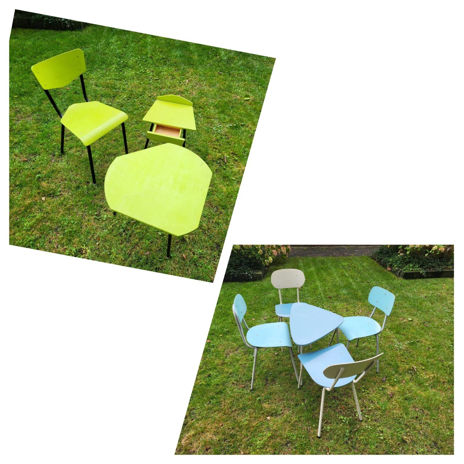 Vintage Jaren 50/60 Triangel Tafels met buisframe stoelen, Ophalen