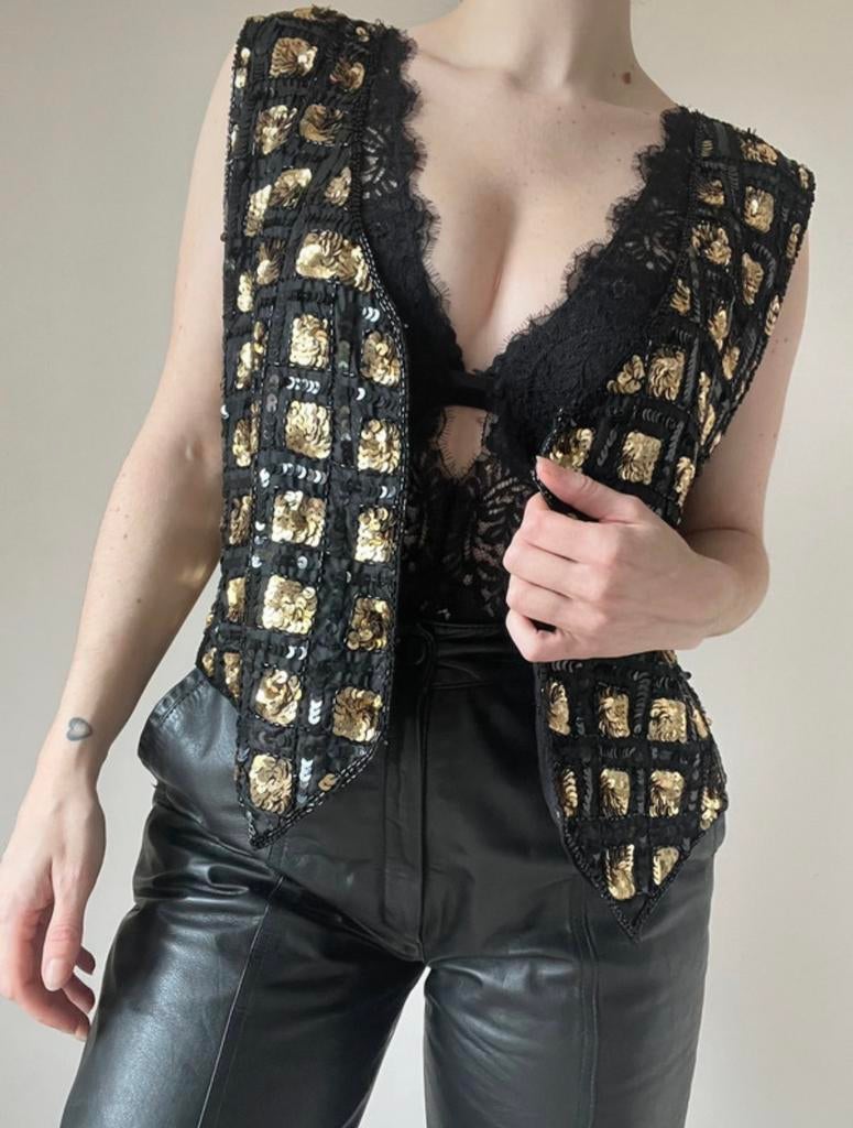Vintage pailletten gilet, M/L. Sequin glitter boho party, Maat 38/40 (M), Verzenden, Zwart, Vintage