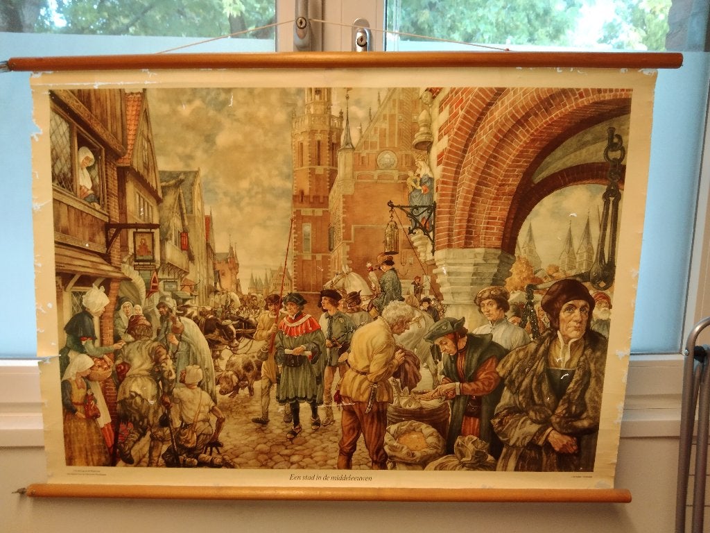 Schoolplaat Een stad in de middeleeuwen, Antiek en Kunst, Ophalen of Verzenden, Geschiedenis
