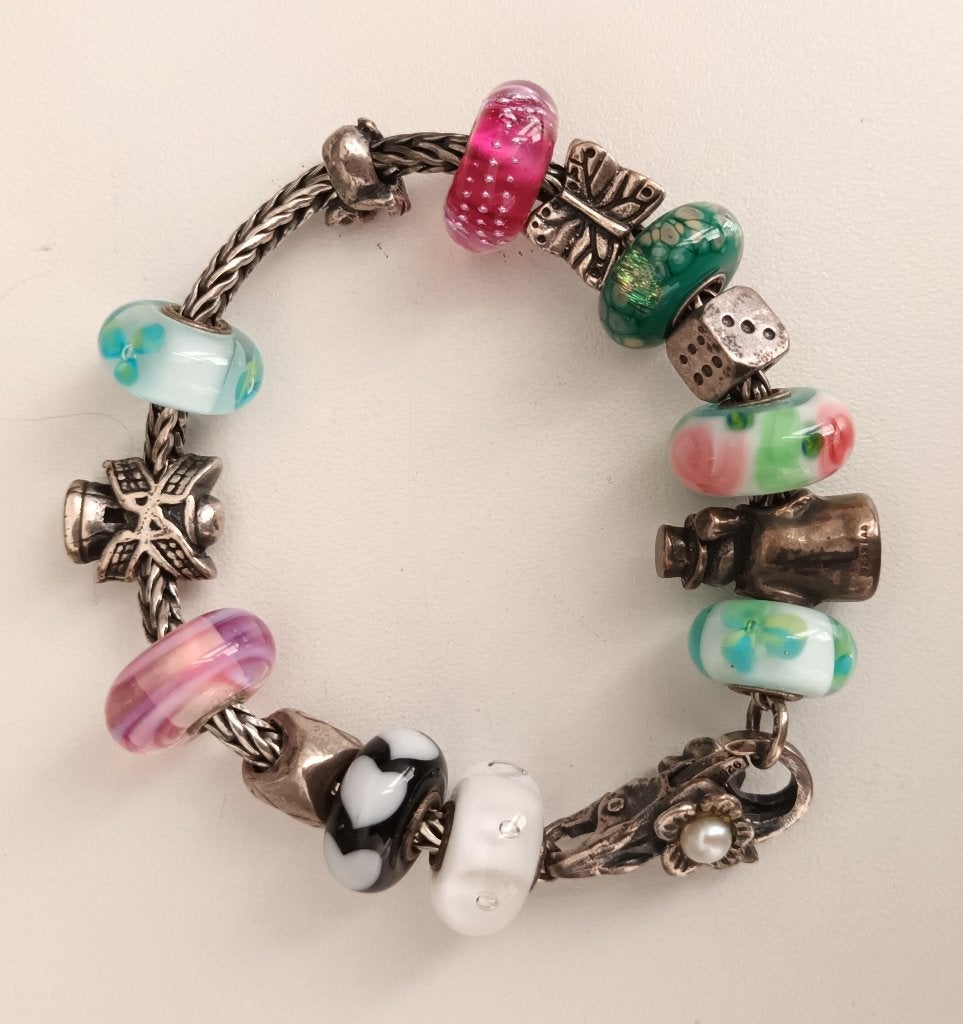 Trollbeads armband met 6 zilveren en 8 murano glas bedels, Ophalen of Verzenden, Zo goed als nieuw, Trollbeads, 4 bedels of meer