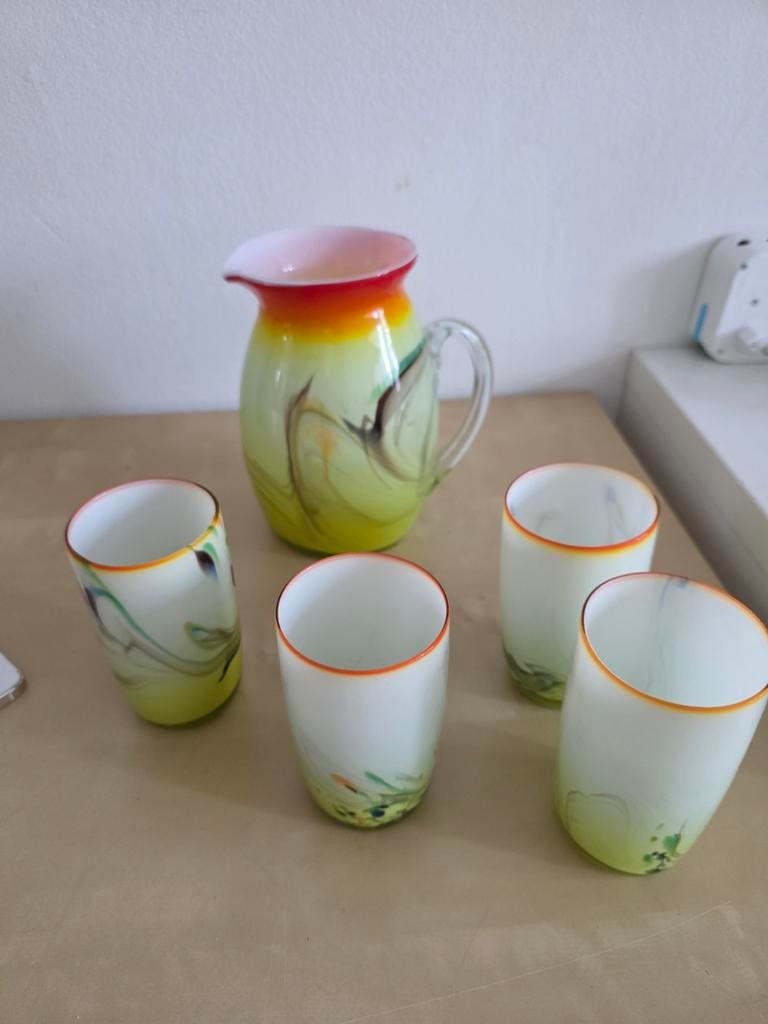 Glazen kan met 4 bijpassende glazen antiek, Antiek en Kunst, Antiek | Glas en Kristal, Ophalen of Verzenden