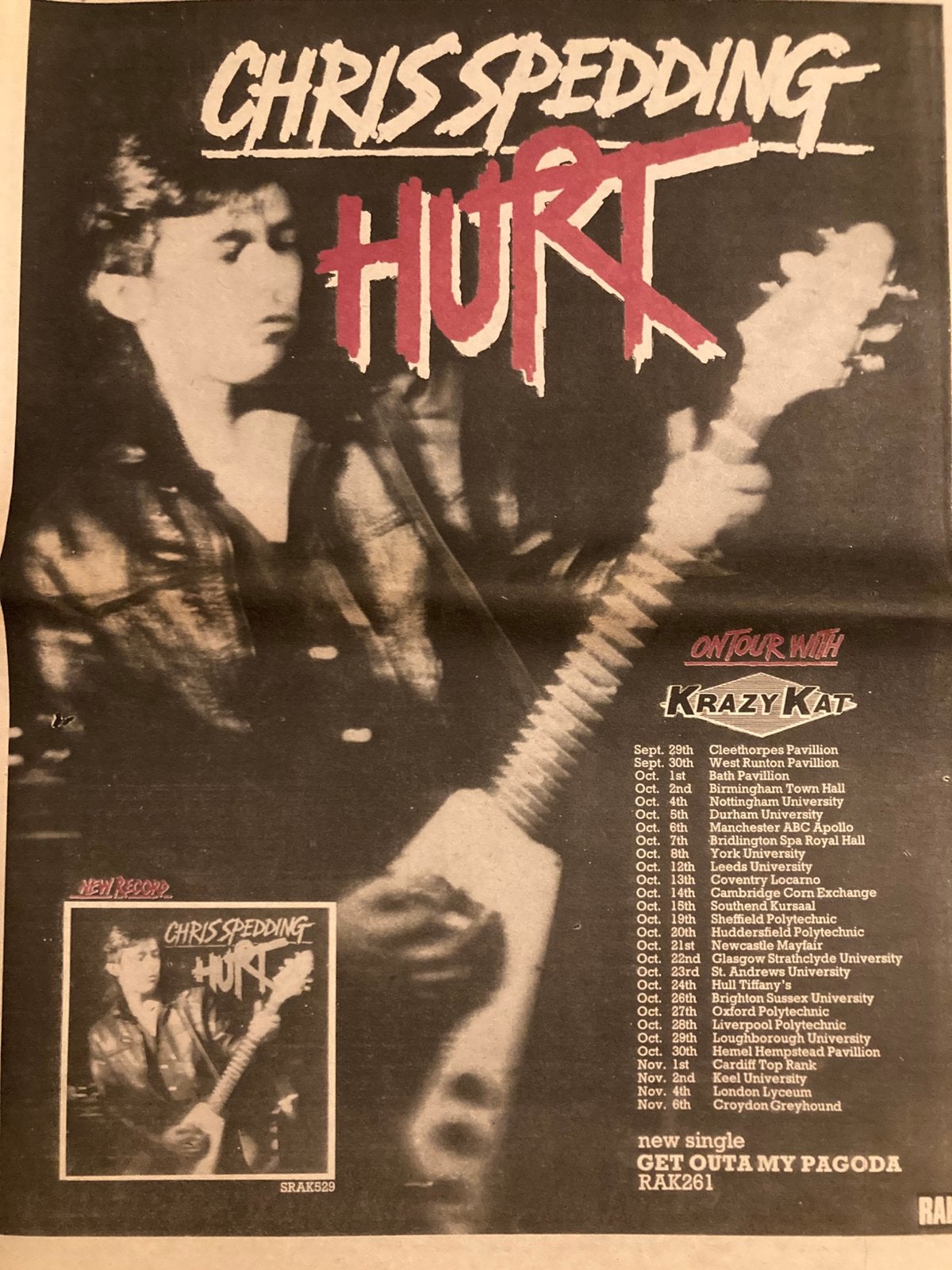 Paginagrote A3 advertentie CHRIS SPEDDING Hurt tour, Ophalen of Verzenden, Gebruikt