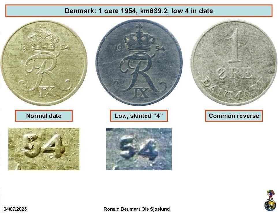 Denemarken 1 Ore 1954 - 4 Jaar lager en iets schuin Numista, Ophalen of Verzenden, Overige landen