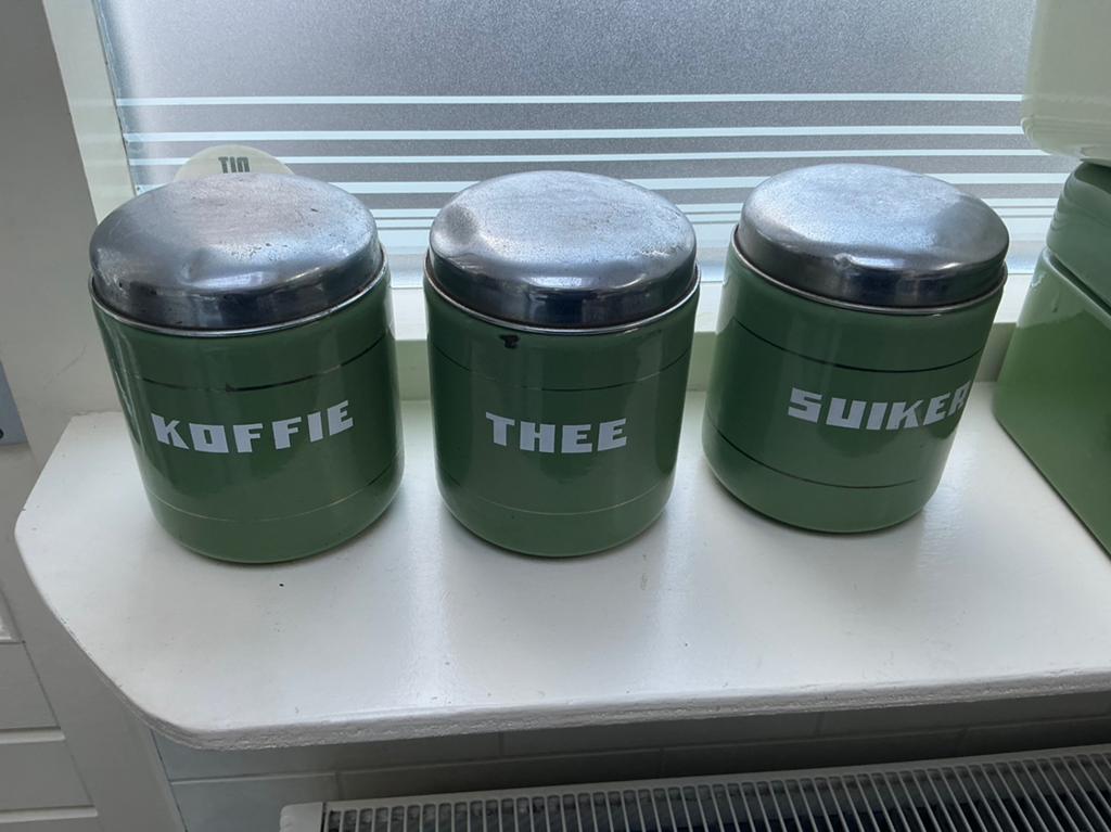 Emaille koffie thee suiker bussen, Antiek en Kunst, Ophalen