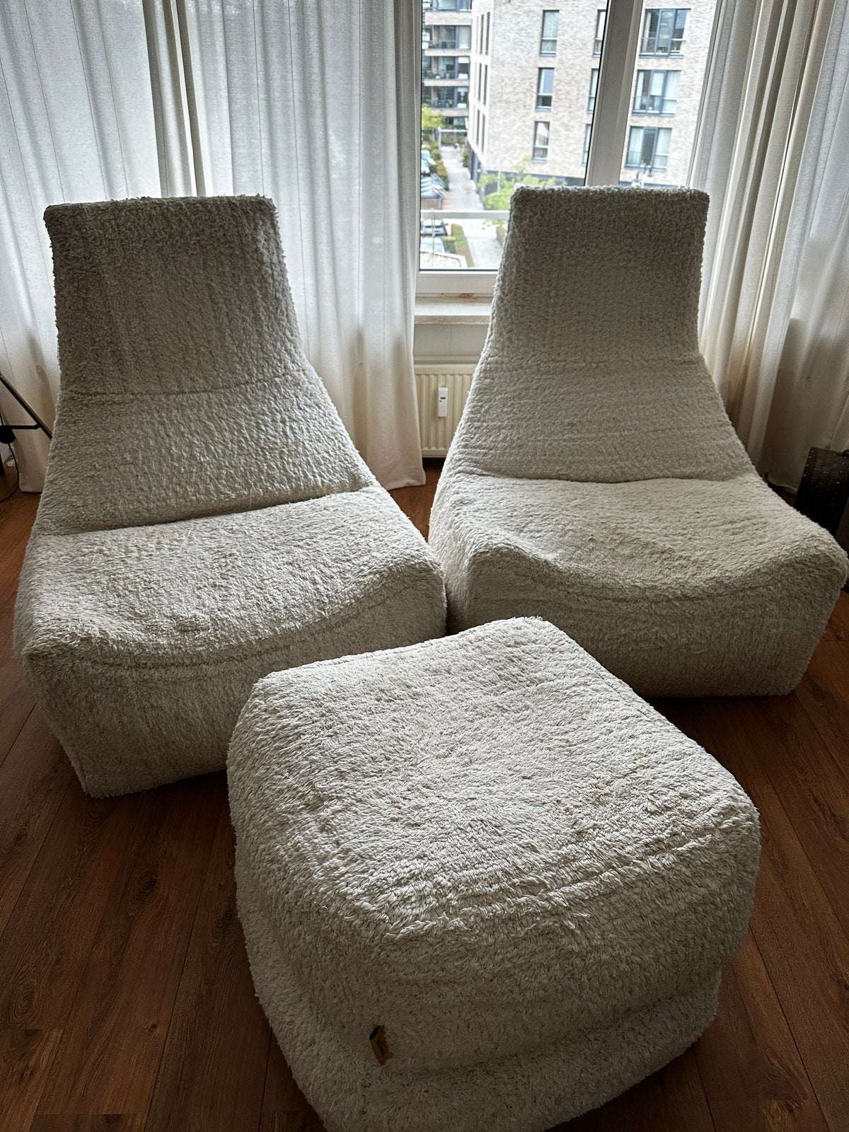 2 Mycha-Ibiza teddy fauteuils XL met poefen, Huis en Inrichting, Ophalen, Gebruikt, 150 tot 200 cm, Tweepersoons
