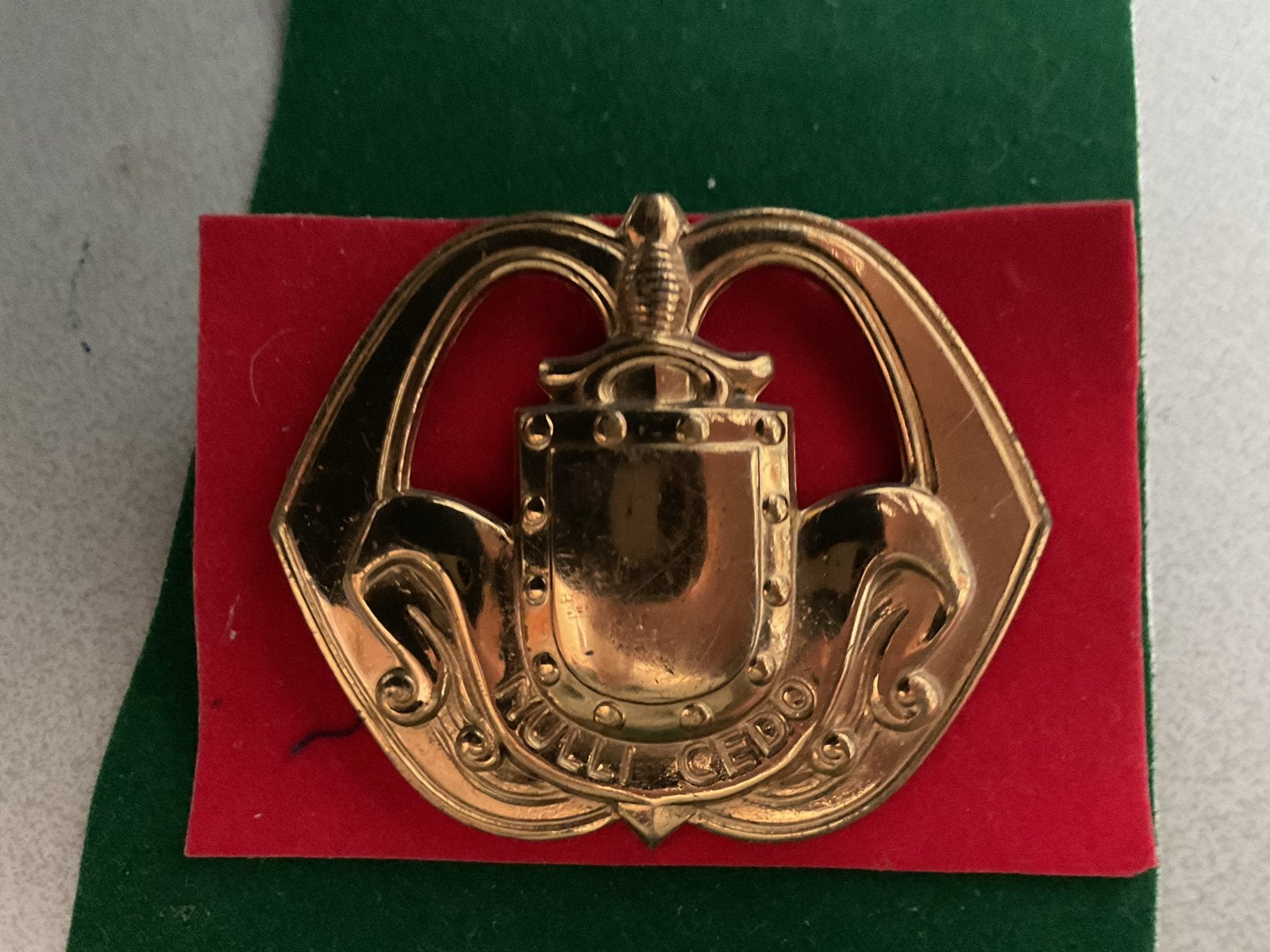 Gouden Embleem "Nulli Cedo" - Militair Verzamelobject, Ophalen of Verzenden, Overige soorten, Overige gebieden, Embleem of Badge
