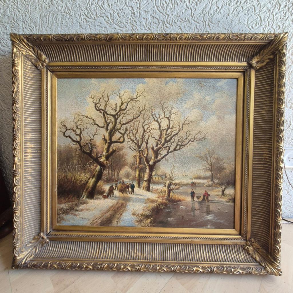 Antiek winters landschap schilderij, gesigneerd, Antiek en Kunst, Ophalen