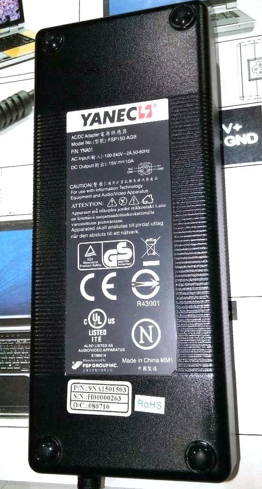 Yanec Toshiba Qosmio G45 G40 G30 G35 15V 10A 150W AC Adapter, Computers en Software, Laptop-opladers, Ophalen of Verzenden, Zo goed als nieuw