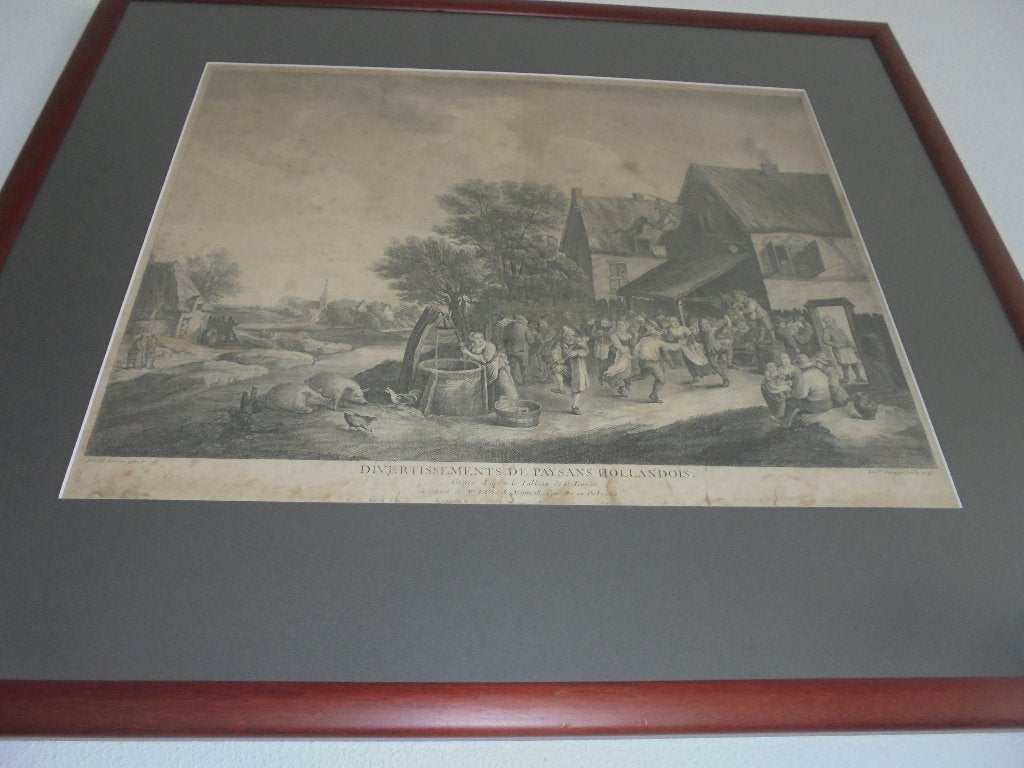 1748 Gravure "Nederlands boerenvermaak" naar David Teniers", Ophalen, Dagelijks leven, Ingelijst, Gravure