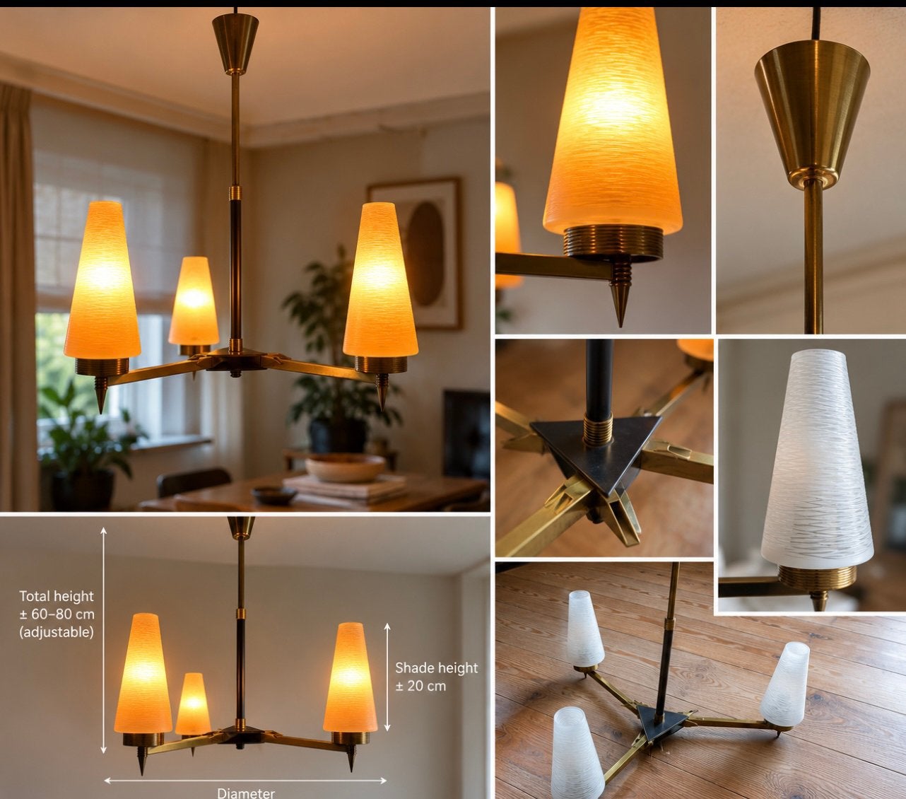 Vintage plafondlamp mid century modern 3 armig, Ophalen of Verzenden, Gebruikt, Glas, Vintage mid century modern