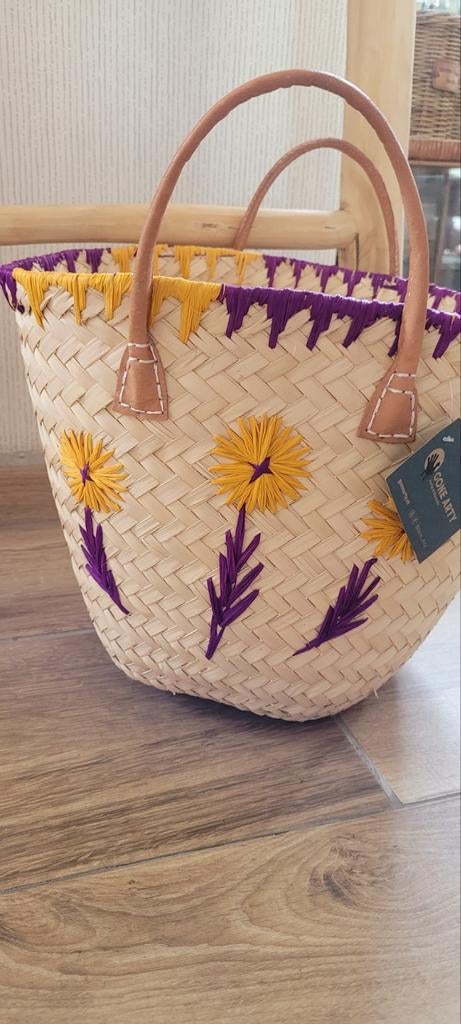 Gevlochten rieten ibiza tas met bloemen en leren hengsels, Ophalen of Verzenden, Nieuw, Beige, Shopper