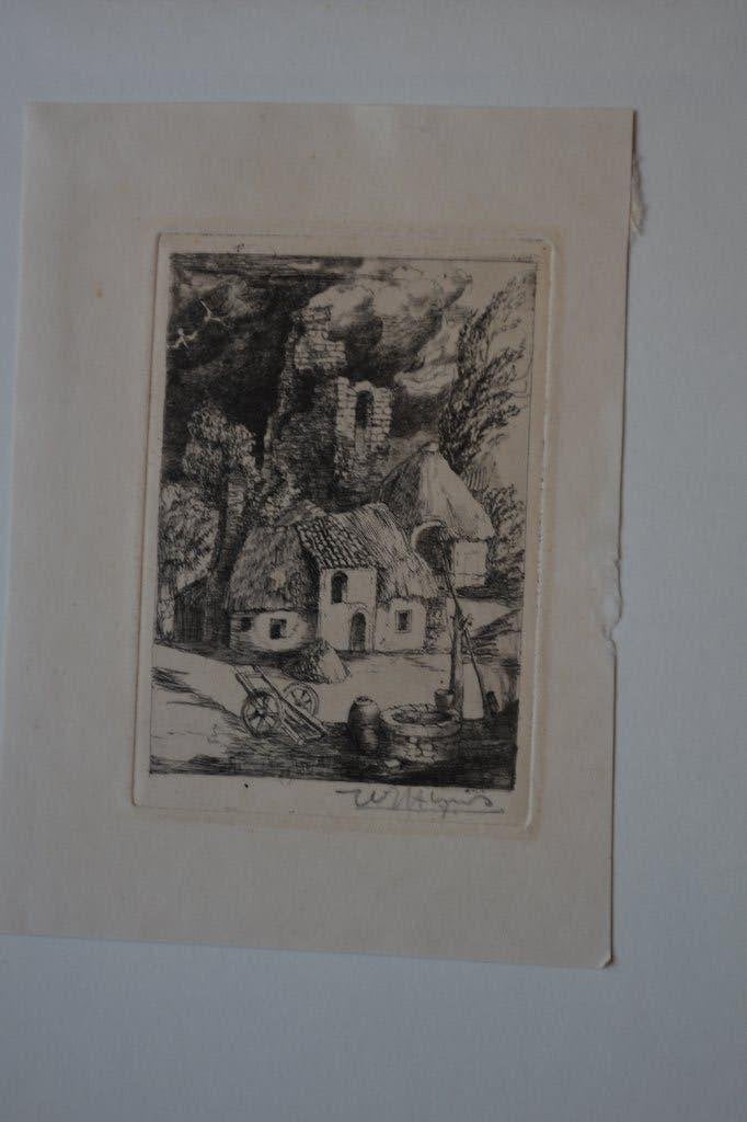 WILLEM NIJS Mooie kwaliteit surrealistisch gesigneerd Ets E1, 9 cm, 6 cm, Landschap, Blanco verso
