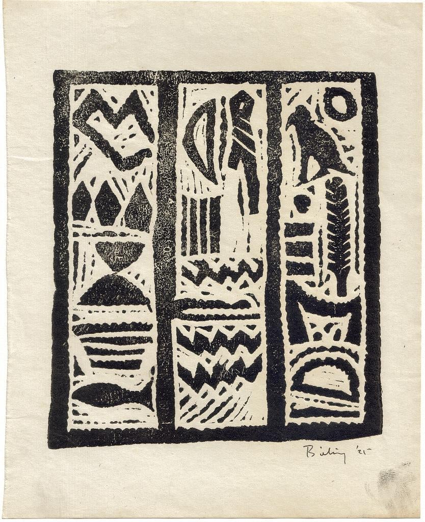 Herman Bieling houtsnede "Primitief Drieluik", 1925, gesigne, Ophalen, Mythologie, Houtsnede, Origineel