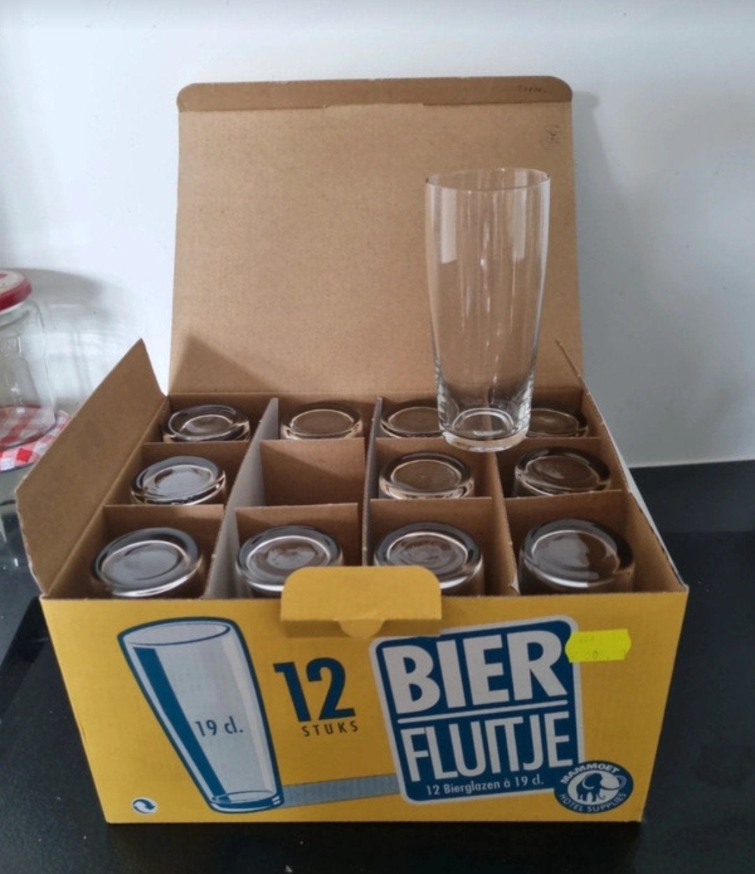 Doos met 12 bierfluitjes - 19 cl, bierglazen, Ophalen, Glas of Glazen, Overige merken, Overige stijlen