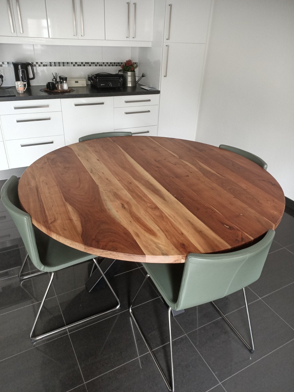 150 cm Ronde eettafel, houten blad, metalen onderstel, Ophalen, Rond, 100 tot 150 cm, 100 tot 150 cm