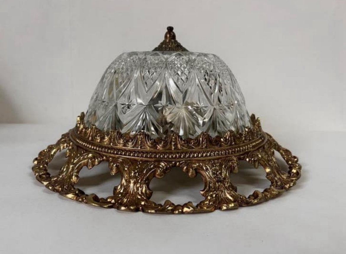 Vintage Hollywood Regency plafonnière messing + kristal kap, Huis en Inrichting, Lampen | Plafondlampen, Ophalen of Verzenden