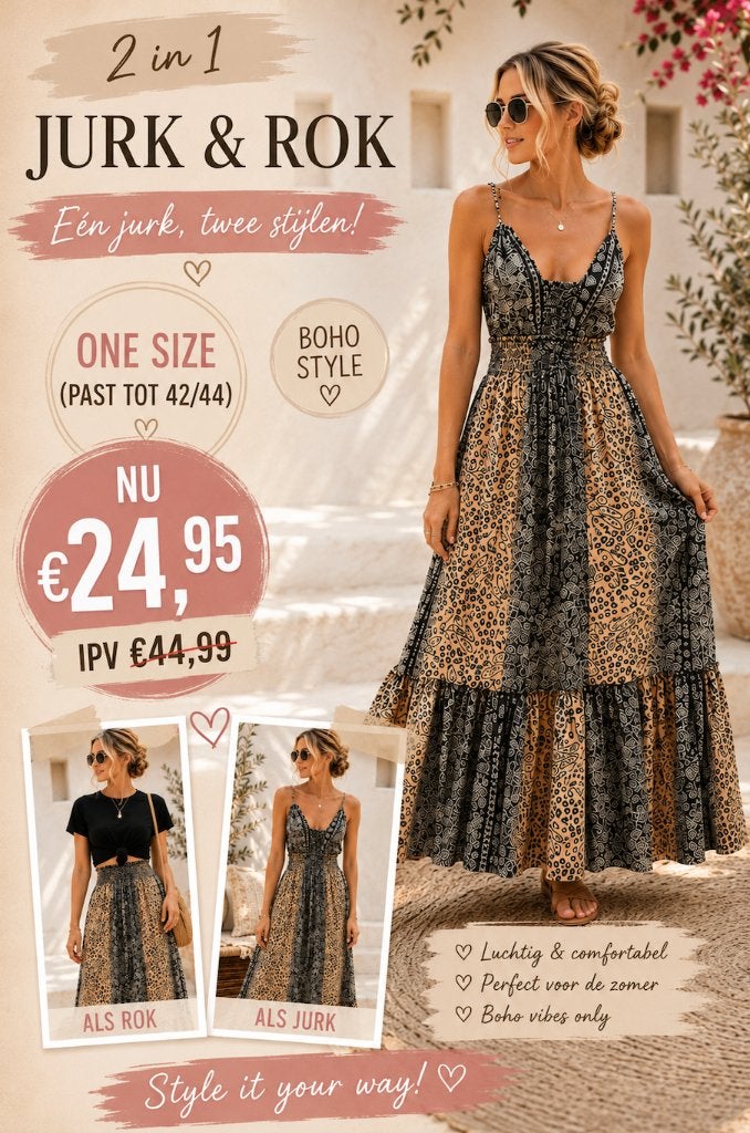 Boho maxi jurk Bibi zwart one size (past tot 42/44), Zwart, Maat 42/44 (L), Nieuw, Ophalen of Verzenden