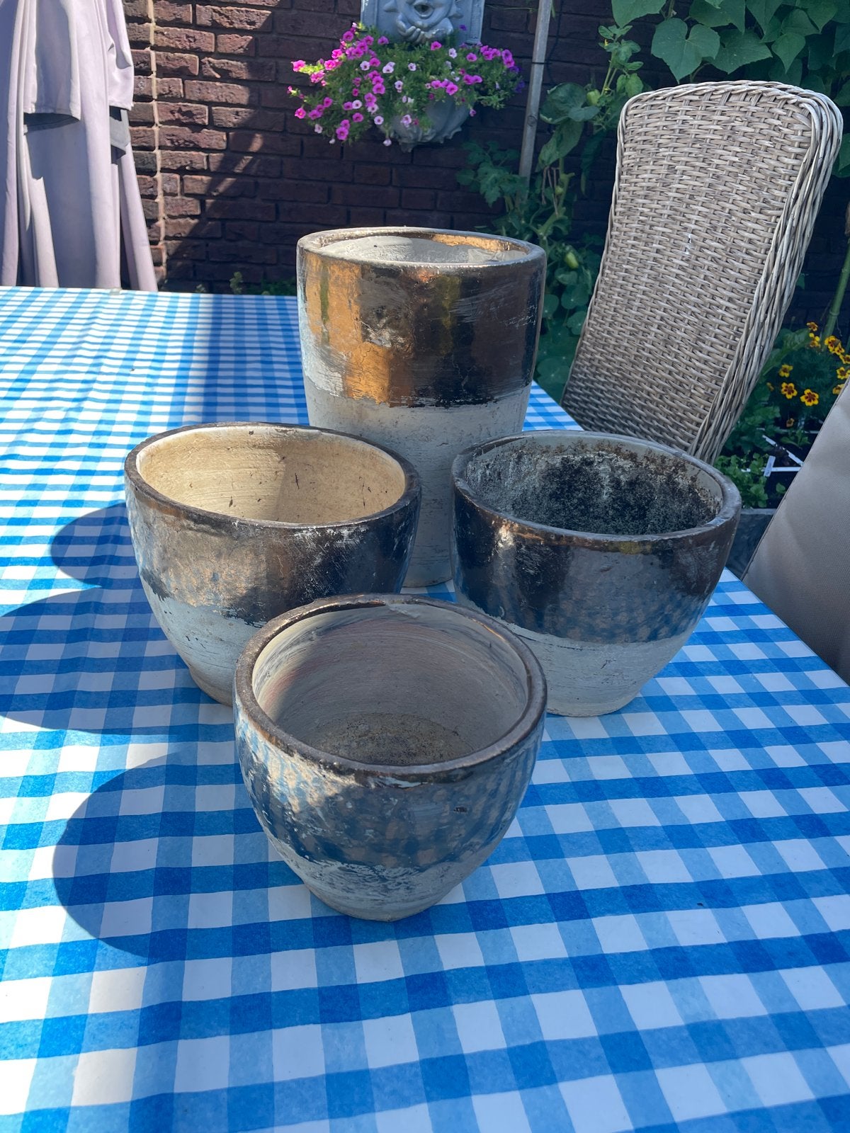 Set van 4 goudkleurige bloempotten in verschillende maten, Ophalen, Overige materialen, Gebruikt, Rond