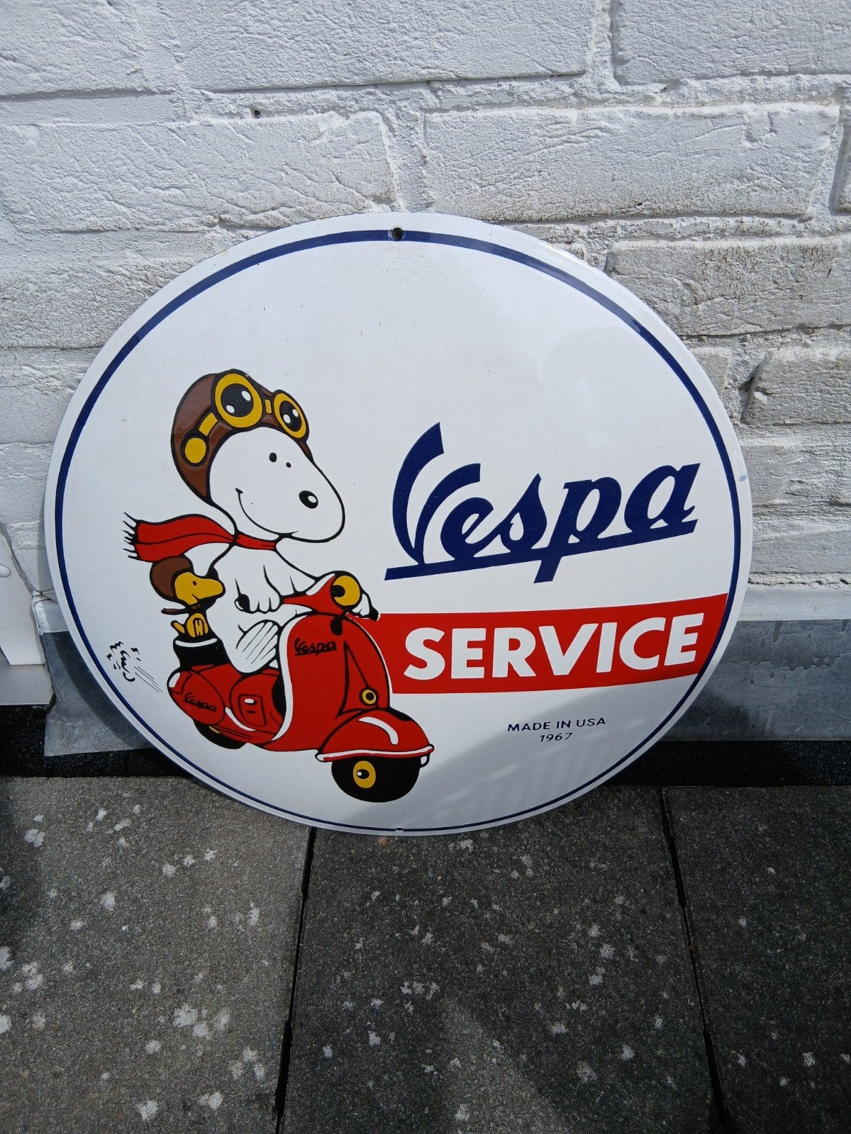 emaille reclamebord Vespa met Snoopy, Ophalen of Verzenden, Gebruikt, Reclamebord