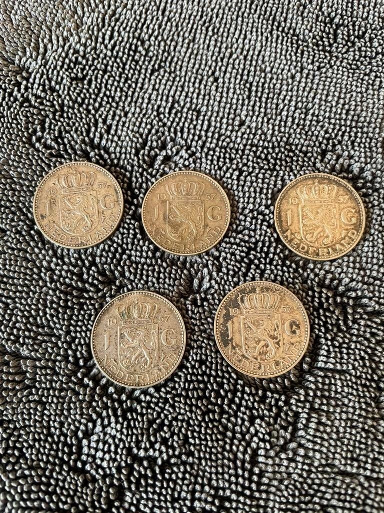 5 zilveren Juliana guldens 1957, Postzegels en Munten, Munten | Nederland, 1 gulden, Koningin Juliana, Zilver, Ophalen of Verzenden