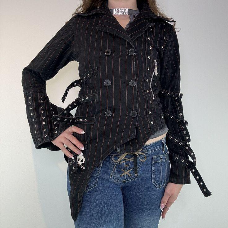 Uniek Gothic Punk Pinstripe Jacket, Gothic, Zwart, Maat 42/44 (L), Ophalen of Verzenden