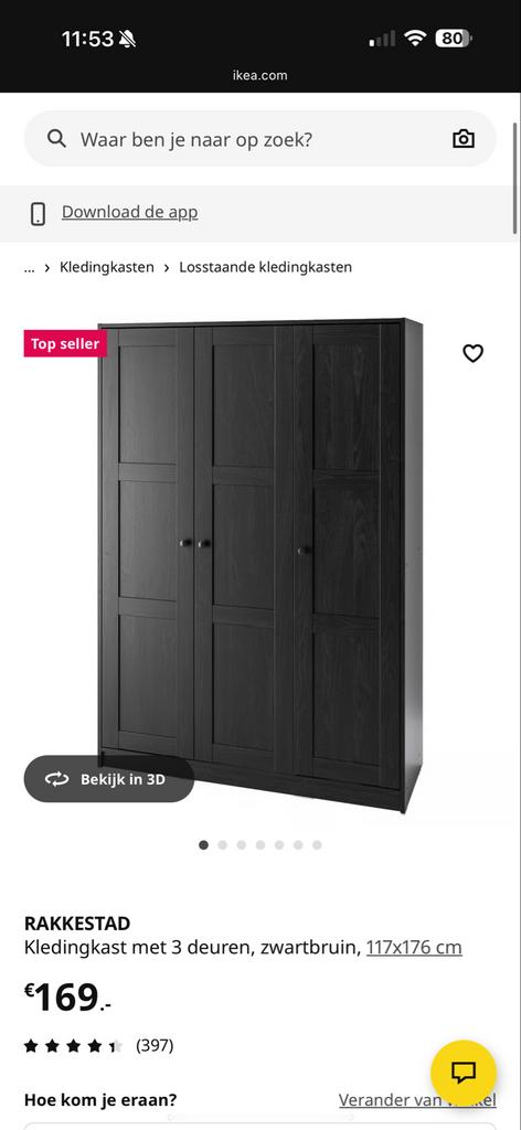 Ikea Rakkestad kledingkast met 3 deuren, zwartbruin, Huis en Inrichting, Kasten | Kledingkasten, Ophalen, Gebruikt, 100 tot 150 cm