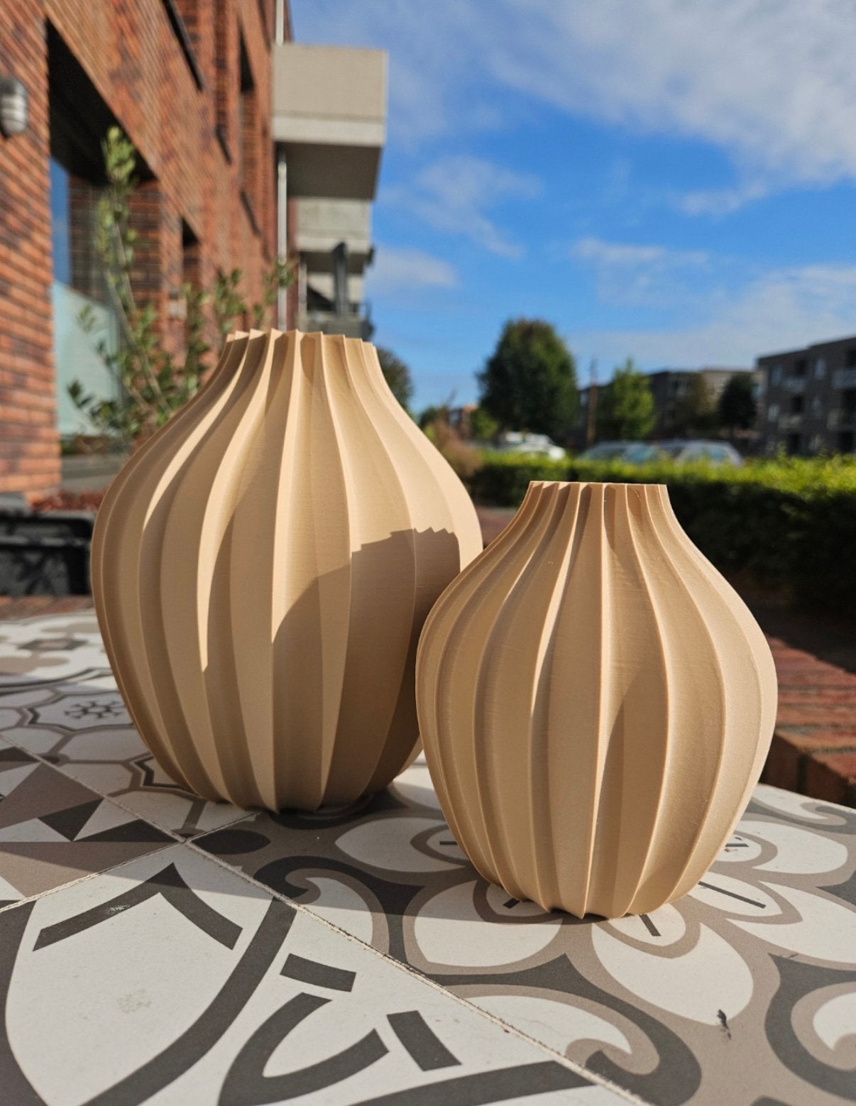 Ribbel vazen set van 2 beige 3D print, Huis en Inrichting, Woonaccessoires | Vazen, Ophalen of Verzenden, Nieuw, Beige