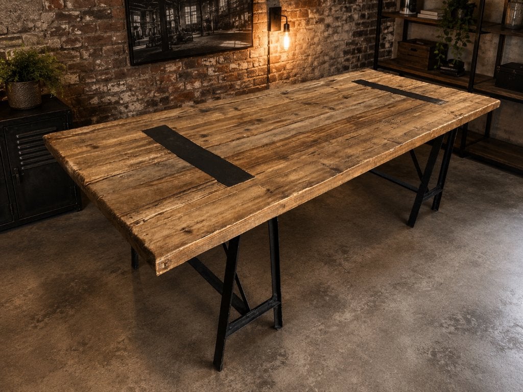 Robuuste industriële eettafel van oud hout– echte blikvanger, Ophalen, Gebruikt, Eikenhout, 200 cm of meer