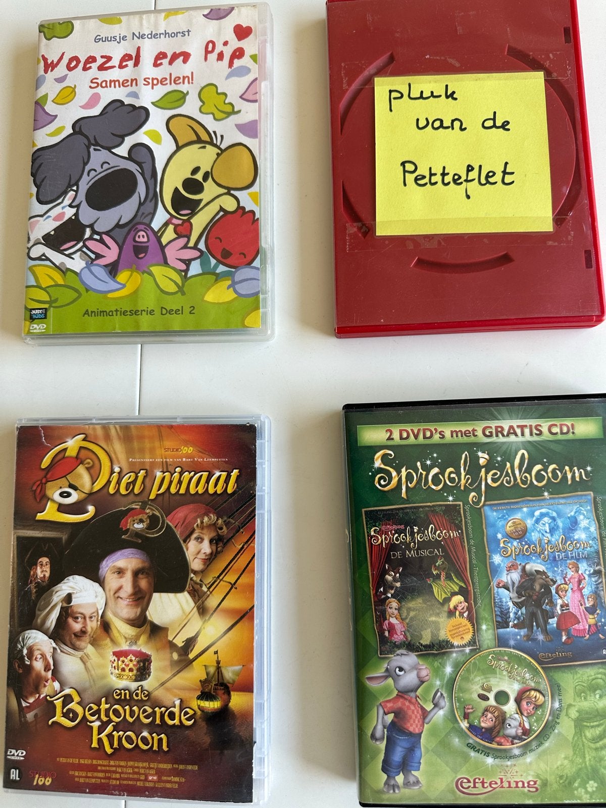4 Kinder DVD's: Woezel & Pip, Pluk, Piet Piraat, Sprookjesbo, Gebruikt, Alle leeftijden, Familie, Box/collectie