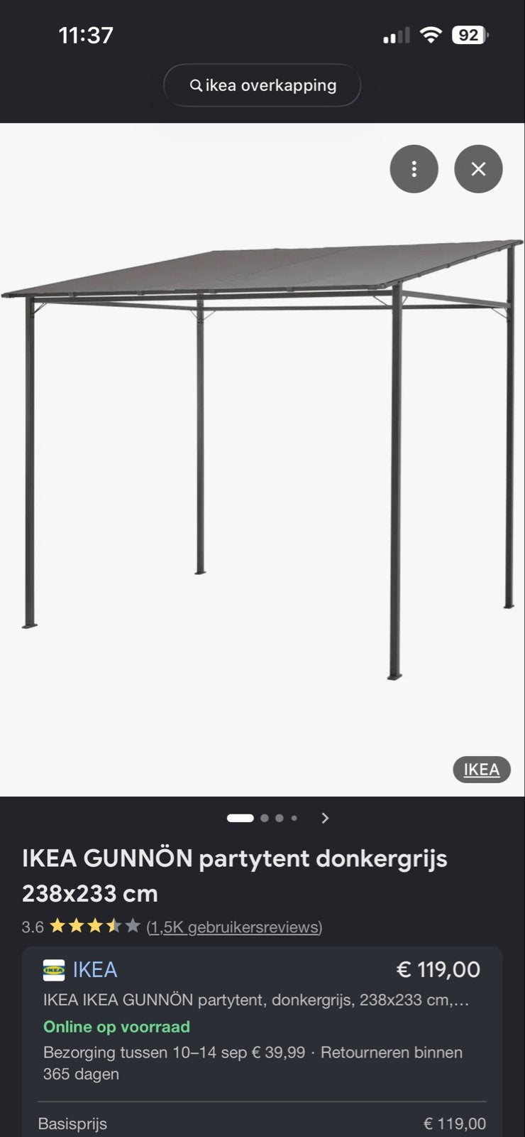 IKEA GUNNÖN partytent donkergrijs 238x233 cm, Ophalen, Gebruikt, Partytent, Minder dan 4 meter