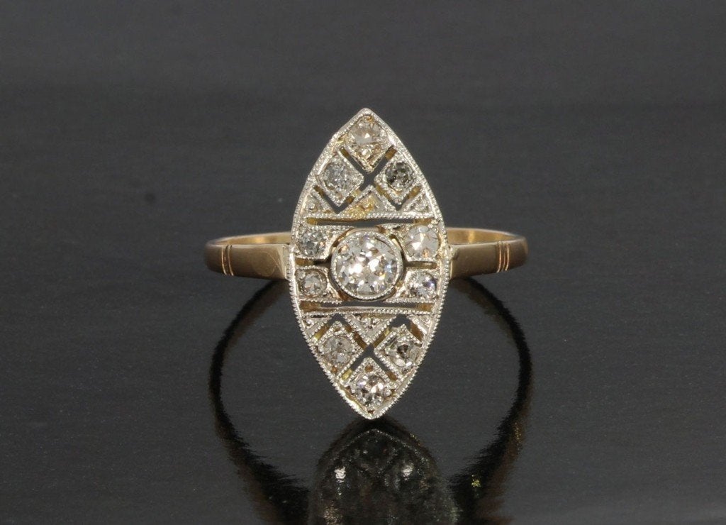 Art Deco diamanten 14k goud fraai antieke ring dame briljant, Ophalen of Verzenden, Goud, Ring, Met edelsteen