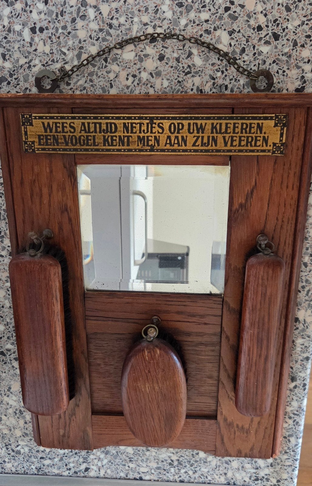 Antieke kledingverzorgingsset met spiegel, Antiek en Kunst, Antiek | Spiegels, Ophalen of Verzenden, Rechthoekig, Minder dan 50 cm