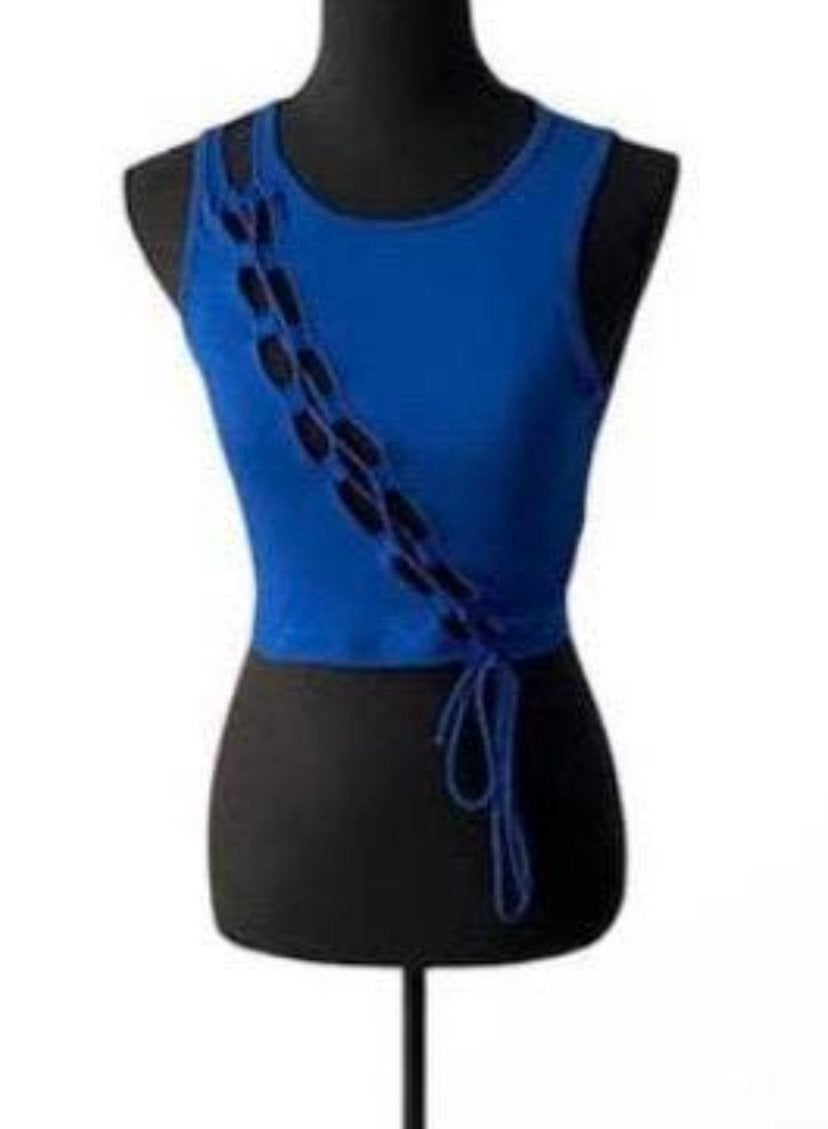 Blauw tanktop, naveltruitje, diagonale uitsnijding, maat XS, Blauw, Ophalen of Verzenden, Zo goed als nieuw, Zonder mouw