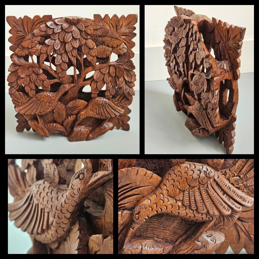 Balinees houtsnijwerk,  driedimensionaal decor met vogels, Bruin, Indonesië, Houtsnijwerk, Handgemaakt